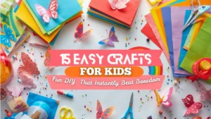colorful easy crafts for kids using paper, glue and craft supplies on table